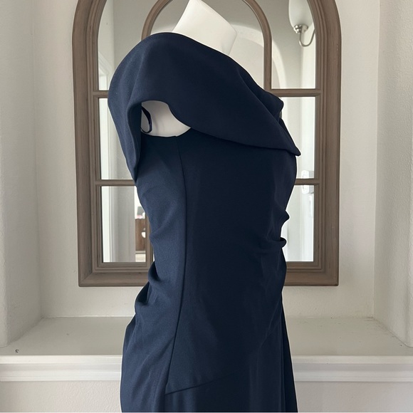 NEW Xscape Off-The-Shoulder Maxi Formal Evening Gown in Navy, Petite Size 12 NWT - Picture 7 of 11